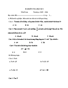 Đề kiểm tra cuối học kỳ I môn Toán lớp 3 - Năm học 2015-2016