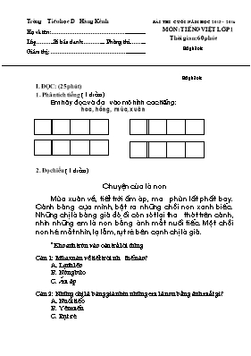 Đề kiểm tra cuối năm Tiếng việt lớp 1 - Năm học 2015-2016 - Trường Tiểu học Dư Hàng Kênh