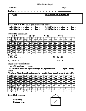 Đề kiểm tra định kì cuối học kì II Toán lớp 1 - Năm học 2014-2015 - Trường Tiểu học Hoàng Đồng