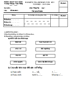 Đề kiểm tra định kì học kì I Tiếng việt lớp 1 - Năm học 2015-2016 - Trường Tiểu học Toàn Thắng