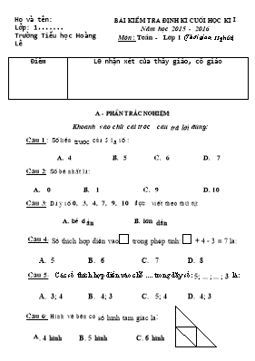 Đề kiểm tra định kì học kì I Toán lớp 1 - Năm học 2015-2016 - Trường Tiểu học Hoàng Lê
