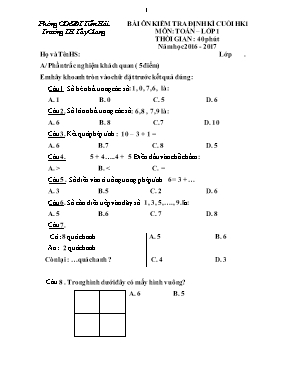 Đề kiểm tra định kì học kì I Toán lớp 1 - Năm học 2016-2017 - Trường Tiểu học Tây Giang