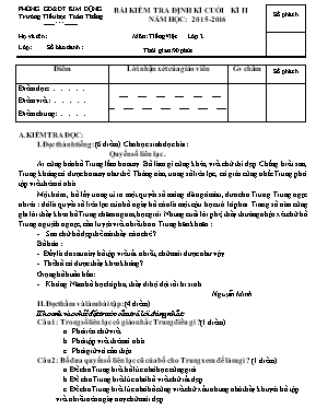 Đề kiểm tra định kì học kì II Tiếng việt lớp 2 - Năm học 2015-2016 - Trường Tiểu học Toàn Thắng