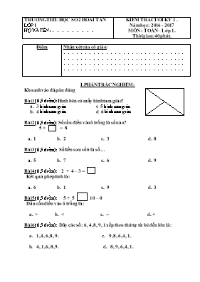 Đề kiểm tra học kì I Toán, Tiếng việt lớp 1 - Năm học 2016-2017 - Trường Tiểu học số 2 Hoài Tân