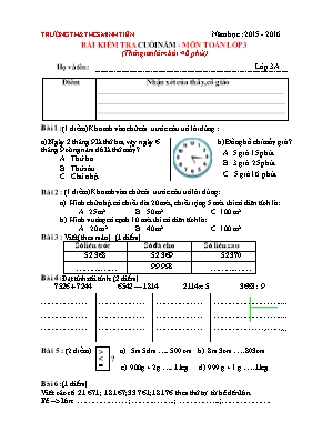 Đề kiểm tra học kì II Toán lớp 3 - Năm học 2015-2016 - Trường Tiểu học Minh Tiến