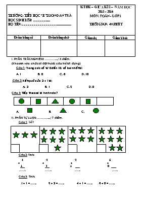 Đề kiểm tra môn Toán lớp 1 - Năm học 2016-2017 - Trường Tiểu học B Lương An Trà