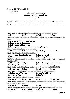 Đề kiểm tra một tiết Lịch sử lớp 11 - Mã đề 493 - Trường THPT Tánh Linh