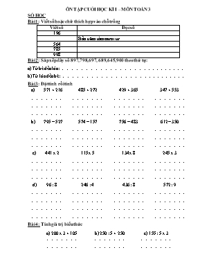 Đề ôn tập kiểm tra cuối học kì I môn Toán lớp 3