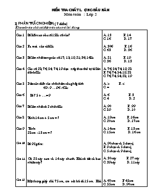 Đề và đáp án kiểm tra chất lượng đầu năm Toán lớp 2