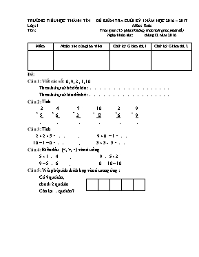 Đề và đáp án kiểm tra cuối học kì I Toán lớp 1 - Năm học 2016-2017 - Trường Tiểu học Thành Tín