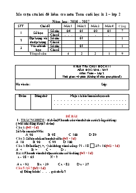 Ma trận và đề kiểm tra học kì I Toán lớp 2 (C