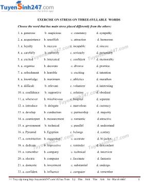 100 Bài tập về trọng âm Tiếng anh lớp 9 (Có đáp án)