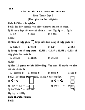 32 Đề kiểm tra cuối học kì I môn Toán khối 5 - Năm học 2015-2016