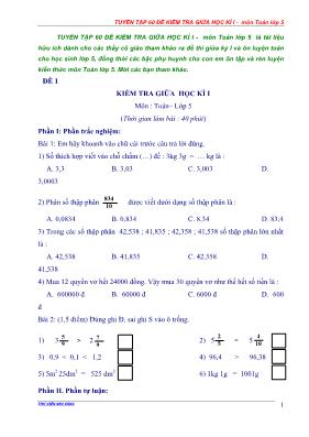 60 Đề kiểm tra giữa học kì I môn Toán lớp 5