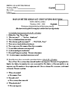 Đáp án đề khảo sát chất lượng đầu năm Tiếng anh lớp 6 - Năm học 2011-2012