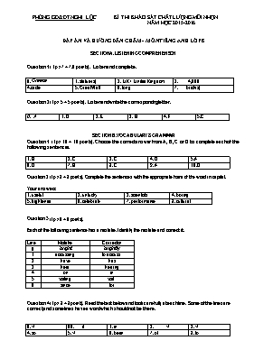 Đáp án đề khảo sát chất lượng Tiếng anh lớp 8 - Năm học 2015-2016 - Phòng GD & ĐT Nghi Lộc