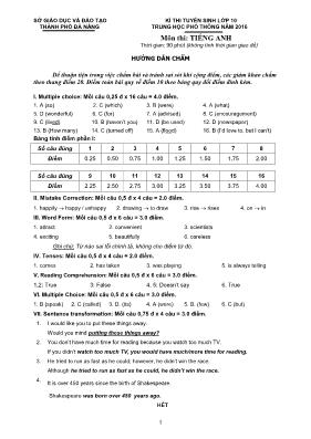 Đáp án đề thi tuyển sinh vào lớp 10 THPT môn Tiếng anh lớp 9 - Năm học 2016-2017 - Sở GD & ĐT TP Đà Nẵng