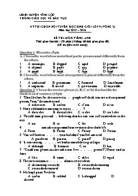 Đề chọn đội tuyển học sinh giỏi Tiếng anh lớp 9 vòng 2 - Năm học 2016-2017 - Phòng GD & ĐT huyễn Vĩnh Lộc