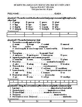 Đề khảo sát chất lượng học kì I Tiếng anh lớp 9 - Đề chẵn - Năm học 2016-2017
