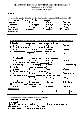 Đề khảo sát chất lượng học kì I Tiếng anh lớp 9 - Đề lẻ - Năm học 2016-2017