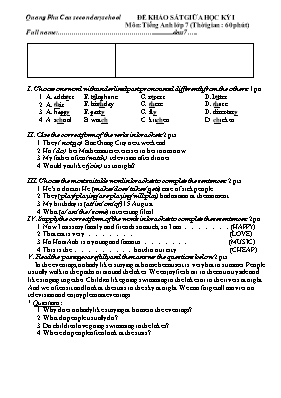 Đề khảo sát giữa học kì I Tiếng anh lớp 7 - Trường THCS Quảng Phú Cầu