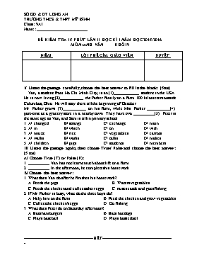 Đề kiểm tra 15p lần 2 học kì I Tiếng anh lớp 9 - Năm học 2015-2016 - Trường THCS Mỹ Bình