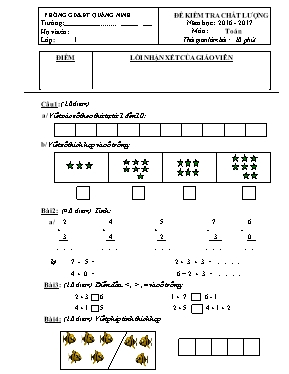 Đề kiểm tra chất lượng Toán lớp 1 - Năm học 2016-2017 - Phòng GD & ĐT Quảng Ninh