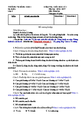 Đề kiểm tra cuối học kì I môn Khoa học lớp 5 - Năm học 2016-2017 - Trường Tiểu học Đồng Kho 1