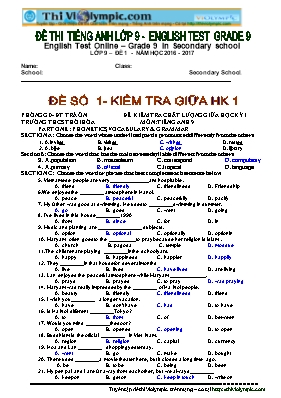 Đề kiểm tra giữa học kì I môn Tiếng anh lớp 9 - Năm học 2016-2017