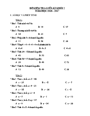 Đề kiểm tra giữa học kì I môn Toán lớp 2 - Năm học 2016-2017