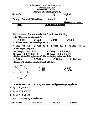 Đề kiểm tra giữa học kì II Toán, Tiếng việt lớp 3 - Năm học 2016-2017 - Trường Tiểu học Lê Hồng Phong