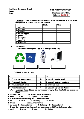 Đề kiểm tra học kì I Tiếng anh lớp 6 - Năm học 2015-2016 - Trường THCS Ngô Quyền