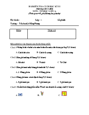 Đề kiểm tra học kì I Tin học lớp 1 - Năm học 2015-2016 - Trường Tiểu học Lê Hồng Phong