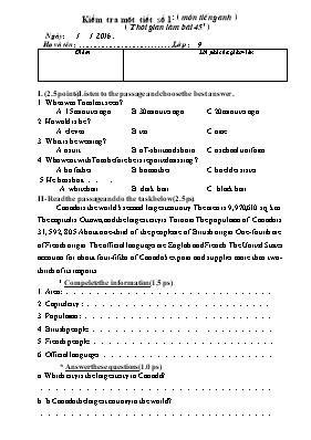Đề kiểm tra một tiết số 1 môn Tiếng anh lớp 9 - Năm học 2016-2017