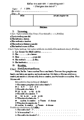 Đề kiểm tra một tiết số 1 Tiếng anh khối 6 - Năm học 2016-2017