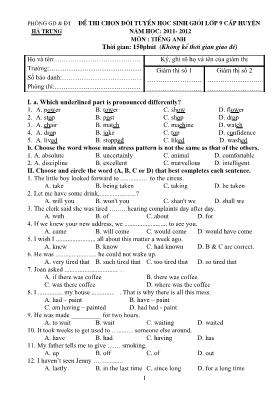 Đề thi chọn học sinh giỏi cấp huyện Tiếng anh lớp 9 - Năm học 2011-2012 - Phòng GD & ĐT Hà Trung