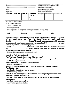 Đề thi kiểm tra học kì I Tiếng anh lớp 8 - Năm học 2016-2017