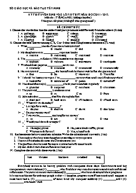 Đề thi tuyển sinh lớp 10 THPT môn Tiếng anh - Năm học 2011-2012 - Sở GD & ĐT Tây Ninh
