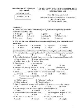 Đề và đáp án khảo sát học sinh giỏi Tiếng anh lớp 9 - Năm học 2010-2011 - Sở GD & ĐT Thanh Hóa