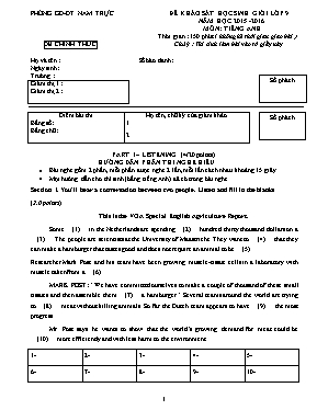 Đề và đáp án khảo sát học sinh giỏi Tiếng anh lớp 9 - Năm học 2015-2016 - Phòng GD & ĐT Nam Trực
