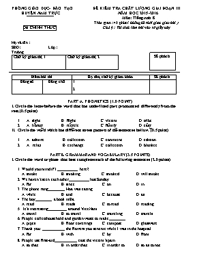 Đề và đáp án kiểm tra chất lượng Tiếng anh lớp 8 - Năm học 2015-2016 - Phòng GD & ĐT huyện Nam Trực