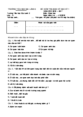 Đề và đáp án kiểm tra định kì học kì I môn Khoa học lớp 5 - Năm học 2016-2017 - Trường Tiểu học Đại Lãnh 2