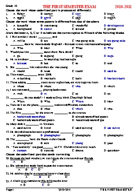 Đề và đáp án kiểm tra học kì I Tiếng anh lớp 10 - Năm học 2010-2011