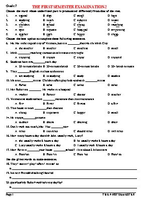 Đề và đáp án kiểm tra học kì I Tiếng anh lớp 7 - Đề số 2