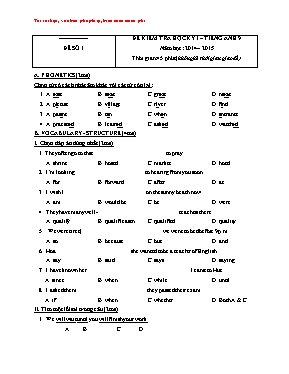 Đề và đáp án kiểm tra học kì I Tiếng anh lớp 9 - Năm học 2014-2015