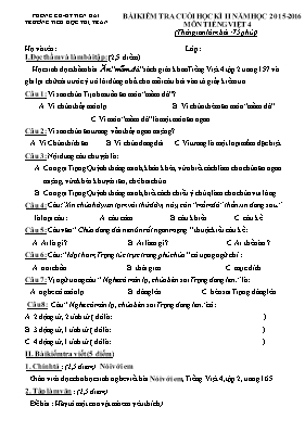 Đề và đáp án kiểm tra học kì II Tiếng việt lớp 4 - Năm học 2015-2016 - Trường Tiểu học Thị Trấn