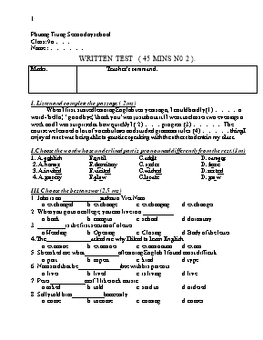 Đề và đáp án kiểm tra một tiết Tiếng anh lớp 9 - Trường THCS Phương Trung