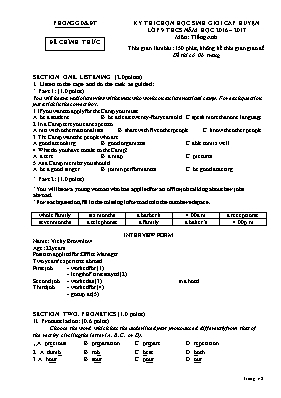 Đề và đáp án thi chọn học sinh giỏi cấp huyện Tiếng anh lớp 9 - Năm học 2016-2017