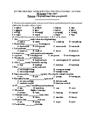 Đề và đáp án thi chọn học sinh giỏi cấp trường Tiếng anh lớp 9 - Năm học 2015-2016
