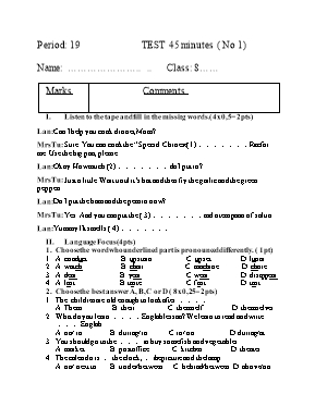 Ma trận và đề kiểm tra một tiết số 1 Tiếng anh lớp 8 (Có đáp án)